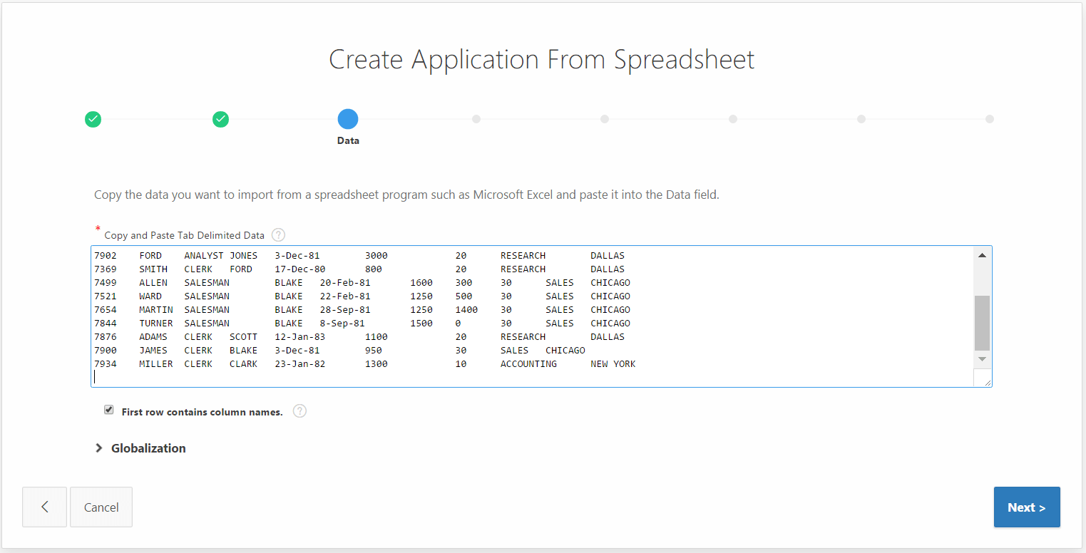 Create APEX application spreadsheet